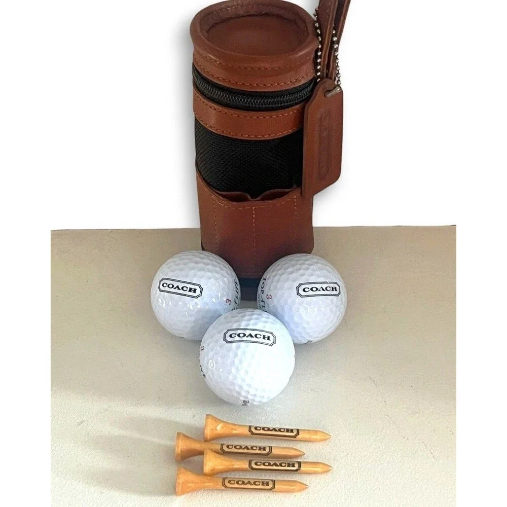 Vintage COACH Mini Golf Bag Tee & Ball Set RARE Limited Edition Brown Black 6”